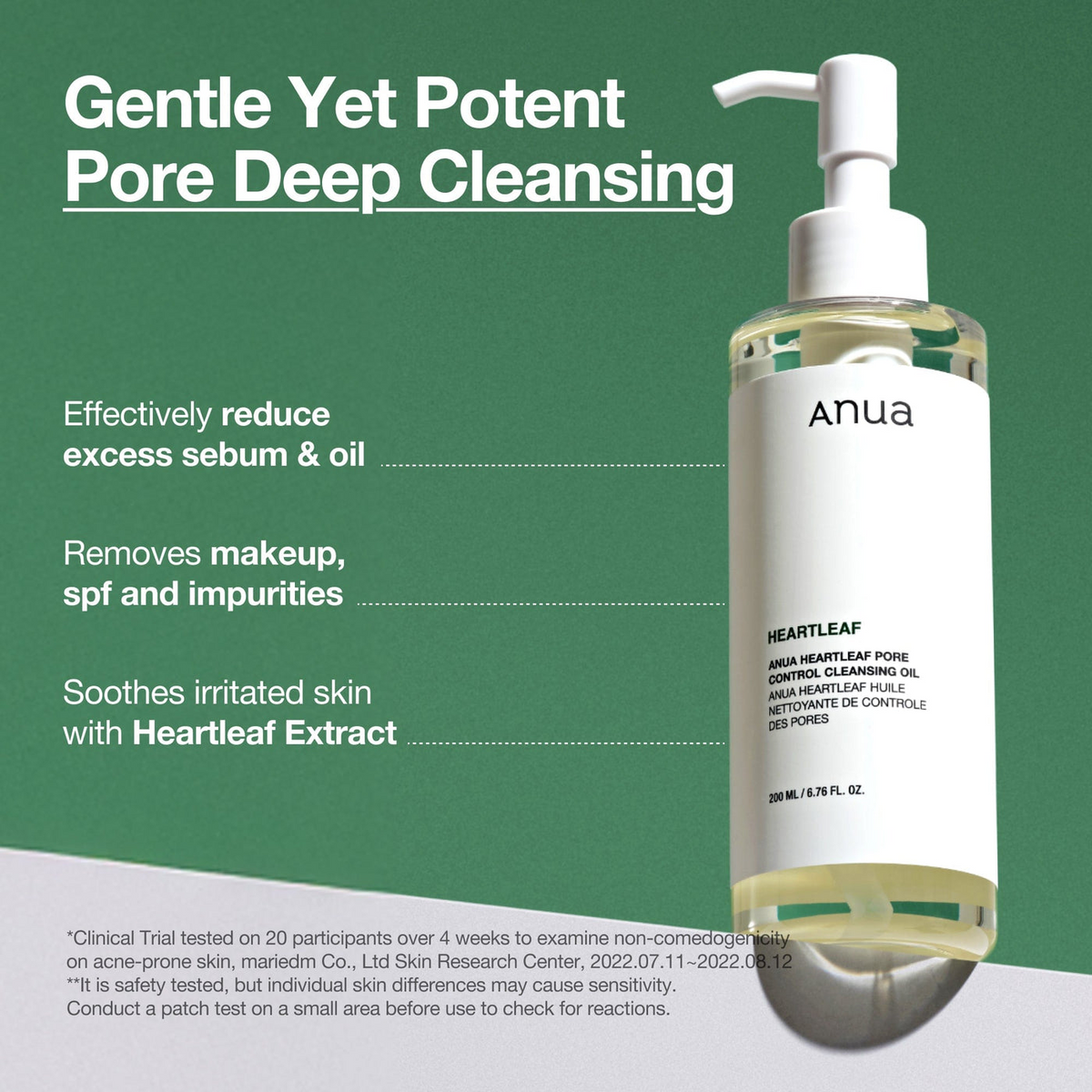 Botella del aceite limpiador Anua Heartleaf sobre fondo verde, destacando sus beneficios: eliminar impurezas, reducir sebo y calmar la piel.