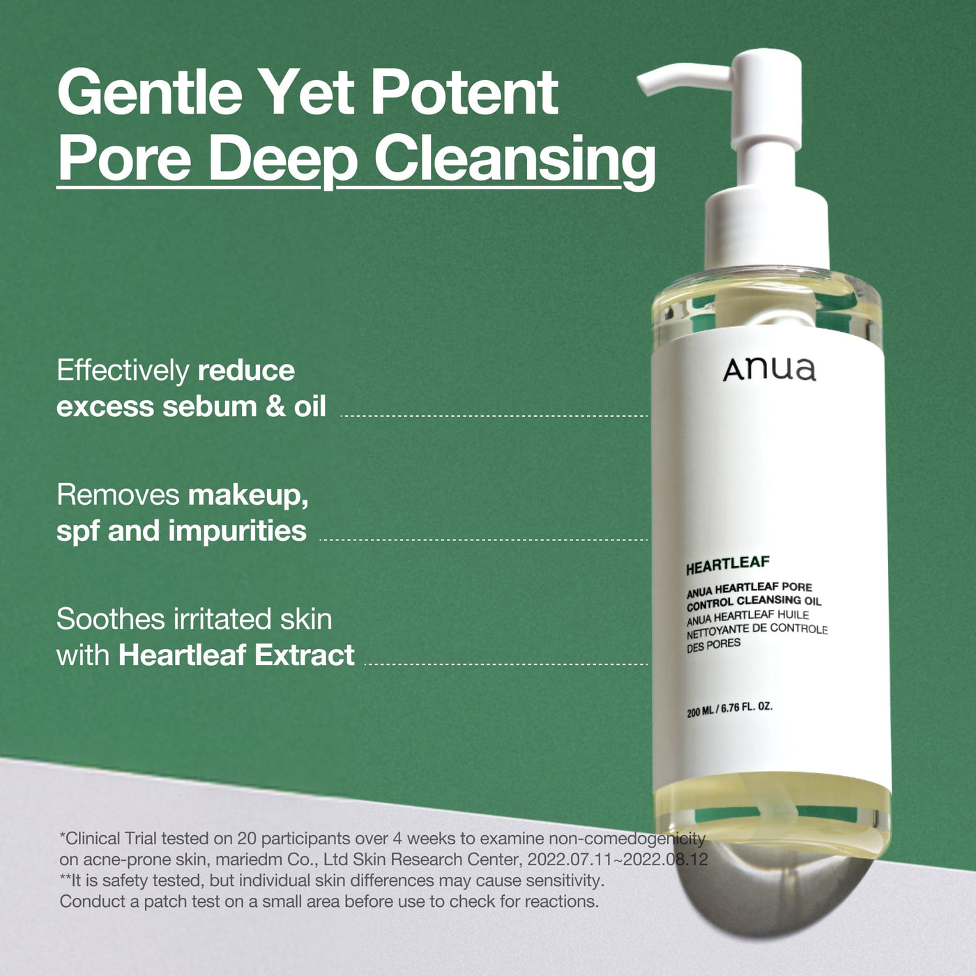 Botella del aceite limpiador Anua Heartleaf sobre fondo verde, destacando sus beneficios: eliminar impurezas, reducir sebo y calmar la piel.
