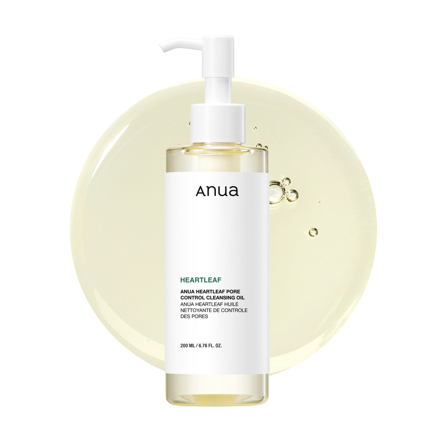 Botella del aceite limpiador Anua Heartleaf de 200ml sobre fondo blanco, con dispensador blanco y diseño limpio con texto minimalista.