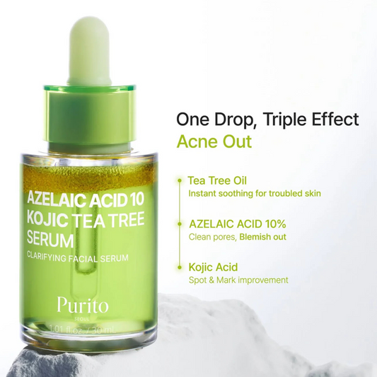 Frasco del Purito Azelaic Acid 10 Kojic Tea Tree Serum junto a texto informativo que resalta beneficios del árbol de té, ácido azelaico 10% y ácido kójico sobre fondo claro.