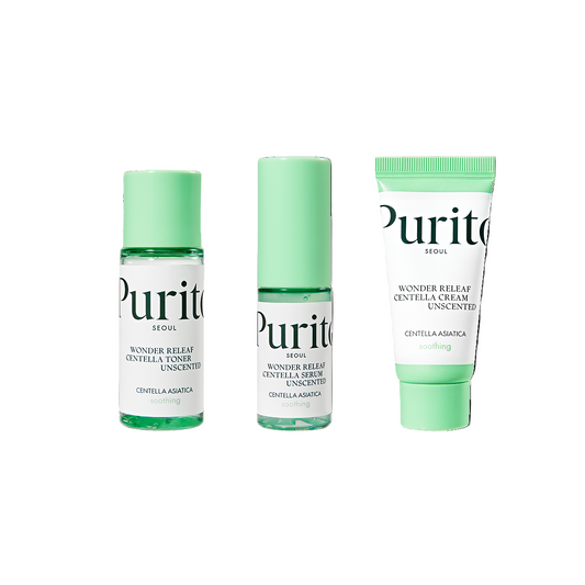 Tres productos del Purito seoul Wonder Releaf Centella Mini Kit Unscented alineados sobre fondo neutro: tóner, sérum y crema en envases verde menta con etiquetas blanca