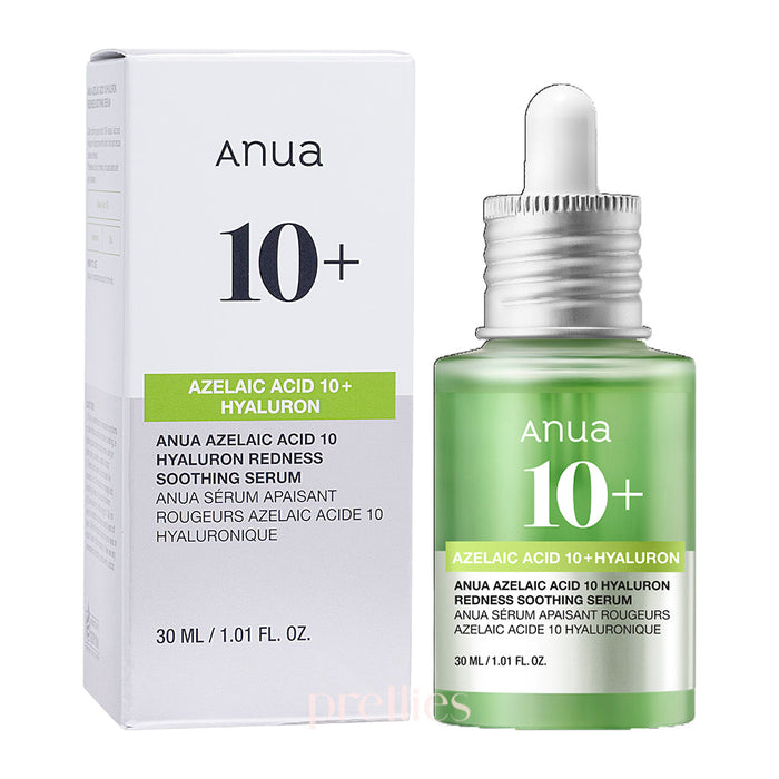 Caja blanca de suero Anua 10+ Azelaic Acid 10 + Hyaluron al lado de un frasco verde transparente con gotero plateado y punta blanca, ambos mostrando la etiqueta del producto y la capacidad ‘30 mL / 1.01 FL. OZ.