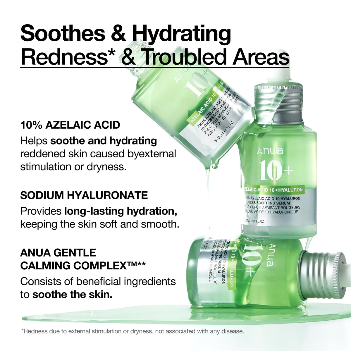 Tres frascos de suero Anua 10+ Azelaic Acid Hyaluron apilados y goteando sobre un charco de líquido verde, junto a texto en negro que describe ingredientes (10 % ácido azelaico, ácido hialurónico, Anua Gentle Calming Complex) y el mensaje principal ‘Soothes & Hydrating Redness & Troubled Areas’ sobre fondo blanco