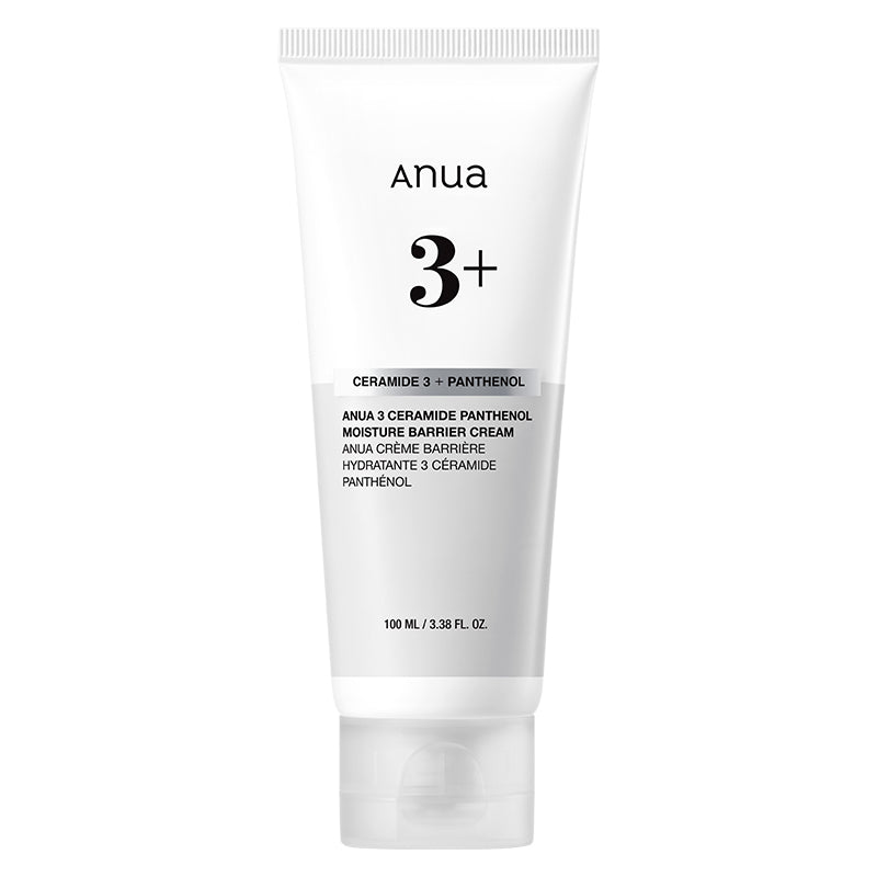 Anua 3+ Ceramide Panthenol Moisture Barrier Cream tubo de 100 ml sobre fondo blanco