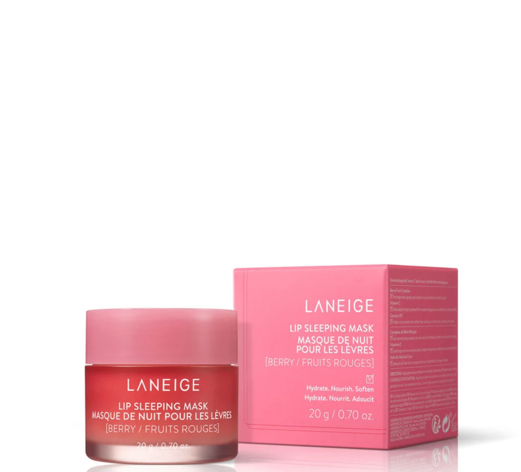 Caja rosa de Laneige Lip Sleeping Mask Berry al lado de su frasco a juego con tapa rosada y etiqueta blanca