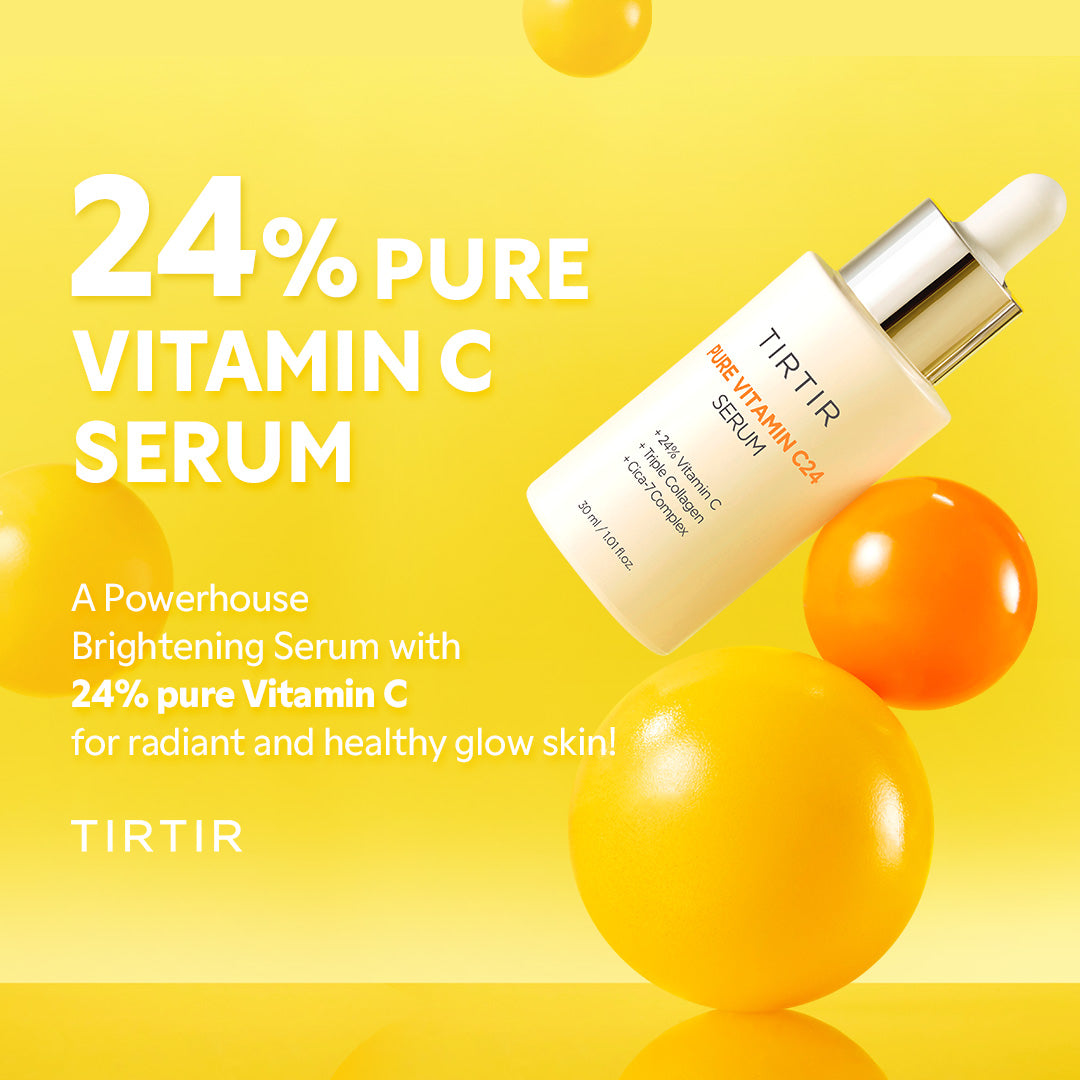 Frasco inclinado de Tirtir Pure Vitamin C24 Serum junto a grandes esferas amarillas, con texto ‘24% Pure Vitamin C Serum – A Powerhouse Brightening Serum…’ sobre fondo amarillo.