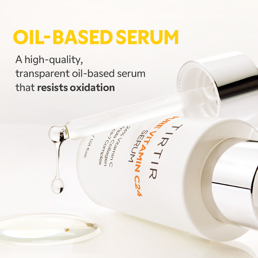 Pipeta goteando suero transparente sobre frasco tumbado de Tirtir Pure Vitamin C24 Oil-Based Serum, con texto ‘Oil-Based Serum: resists oxidation’ sobre fondo blanco.