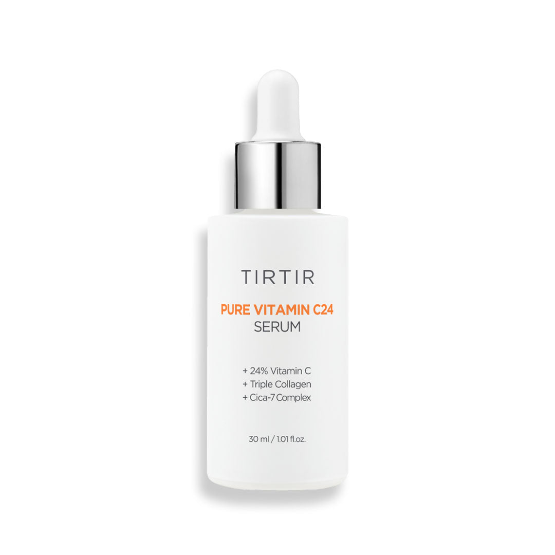 Primer plano vertical de frasco de Tirtir Pure Vitamin C24 Serum de 30 ml con pipeta plateada y gotero blanco, sobre fondo blanco