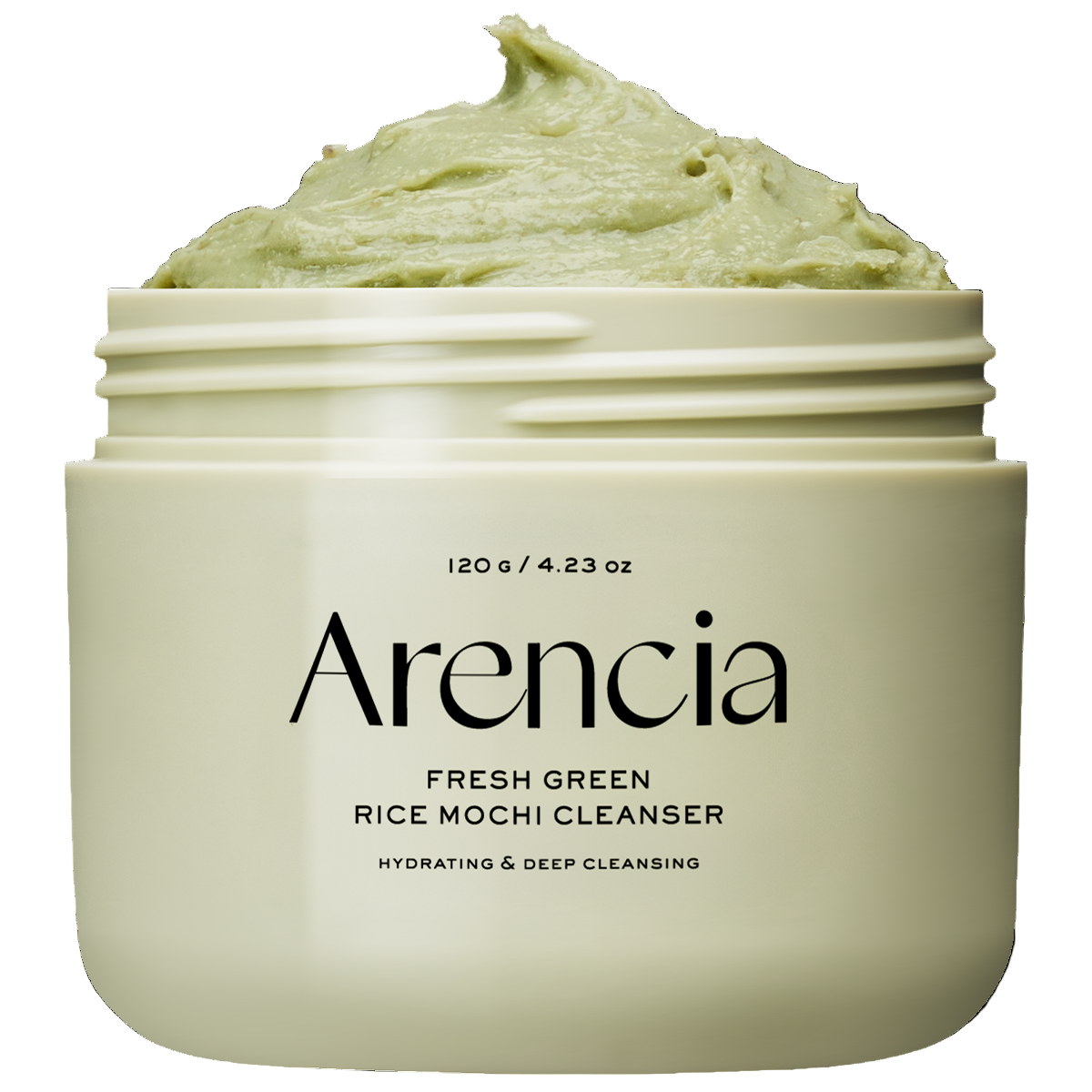Tarro abierto del Arencia Fresh Green Rice Mochi Cleanser mostrando su textura verde espesa y cremosa sobresaliendo del envase beige claro, capturado en primer plano sobre fondo suave.