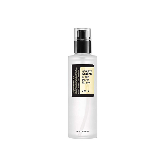 Frasco completo de COSRX Advanced Snail 96 Mucin Power Essence de 100 ml sobre fondo blanco, capturado de frente en estilo catálogo.