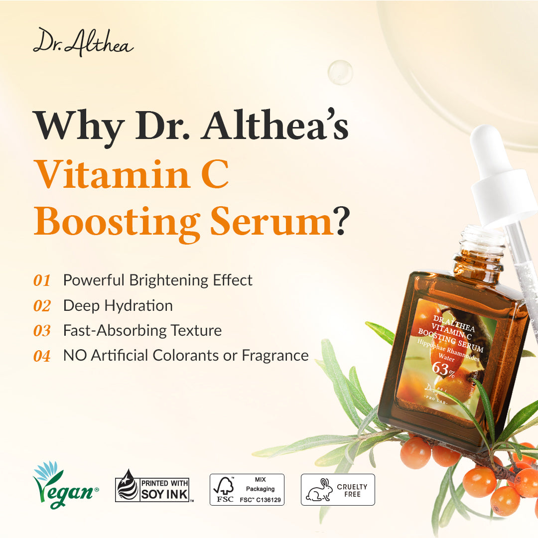 Frasco ámbar del Dr. Althea Vitamin C Boosting Serum con gotero transparente apoyado sobre ramas de espino amarillo, acompañado de lista de beneficios en fondo beige claro.
