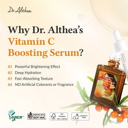 Frasco ámbar del Dr. Althea Vitamin C Boosting Serum con gotero transparente apoyado sobre ramas de espino amarillo, acompañado de lista de beneficios en fondo beige claro.