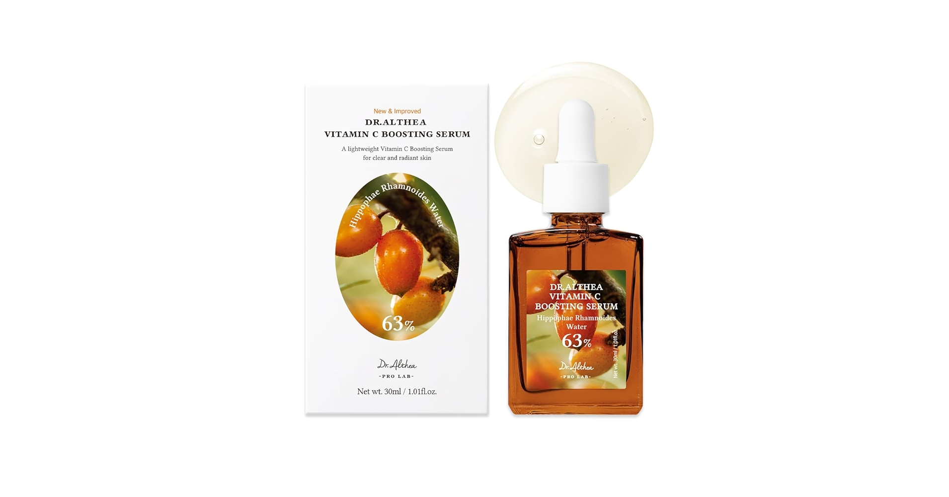 Frasco del Dr. Althea Vitamin C Boosting Serum y su caja vertical sobre fondo blanco minimalista, con una gota grande de serum detrás del gotero.