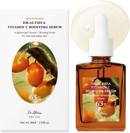 Frasco del Dr. Althea Vitamin C Boosting Serum 30 ml junto a su caja blanca con imagen de espino amarillo y gotas de serum en la parte superior derecha.