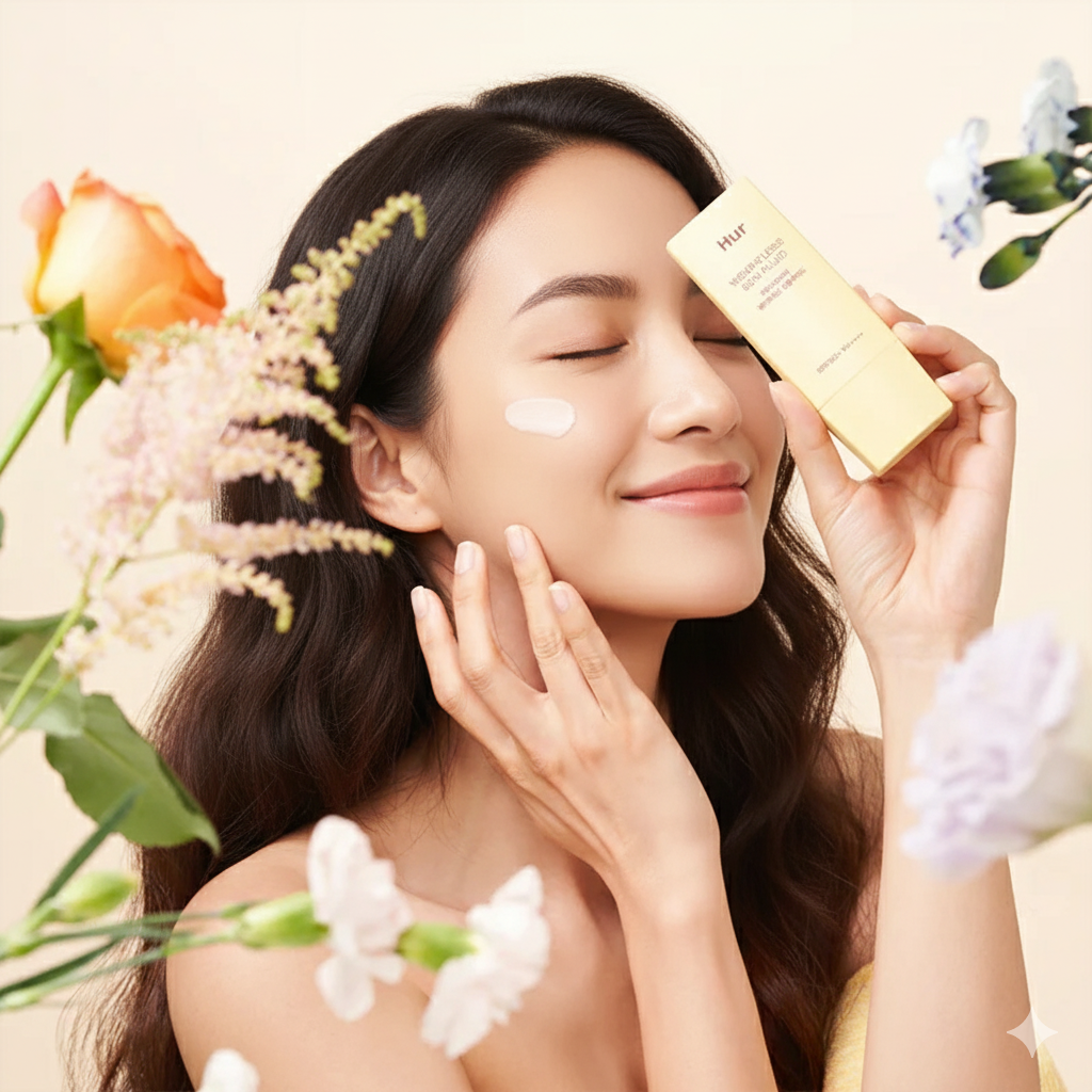 Mujer de piel luminosa sostiene el protector solar House of Hur junto a su rostro, rodeada de flores, mostrando textura ligera aplicada en la mejilla.