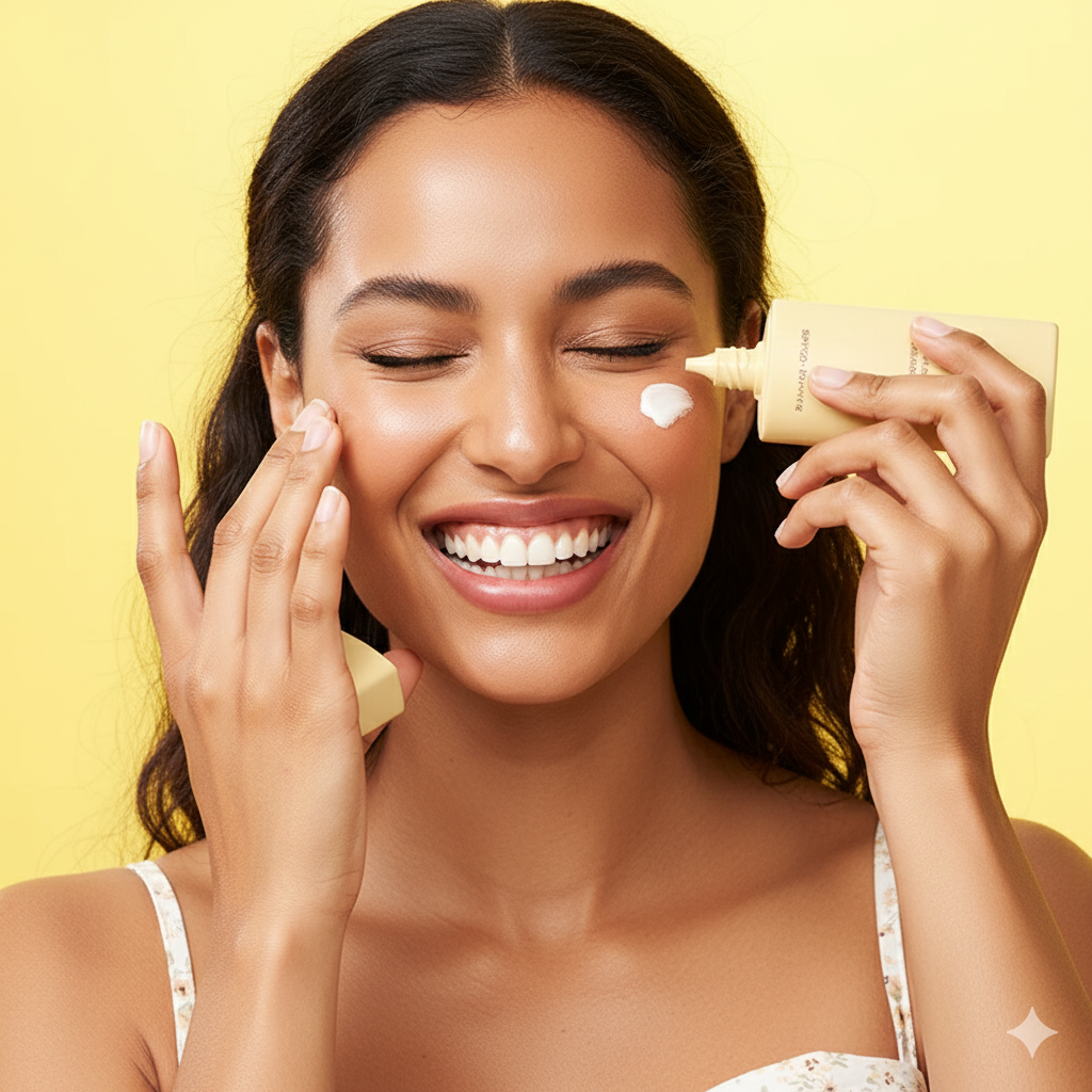 Mujer sonriente aplica el protector solar House of Hur sobre su mejilla, fondo amarillo brillante, mostrando textura cremosa y acabado invisible.