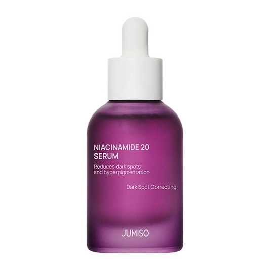 Botella del JUMISO Niacinamide 20 Serum en fondo blanco, fotografía de estudio del producto con tapa gotero