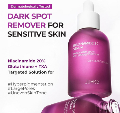 Imagen informativa del JUMISO Niacinamide 20 Serum mostrando la botella morada y texto sobre niacinamida 20%, glutatión y TXA para manchas e hiperpigmentación.