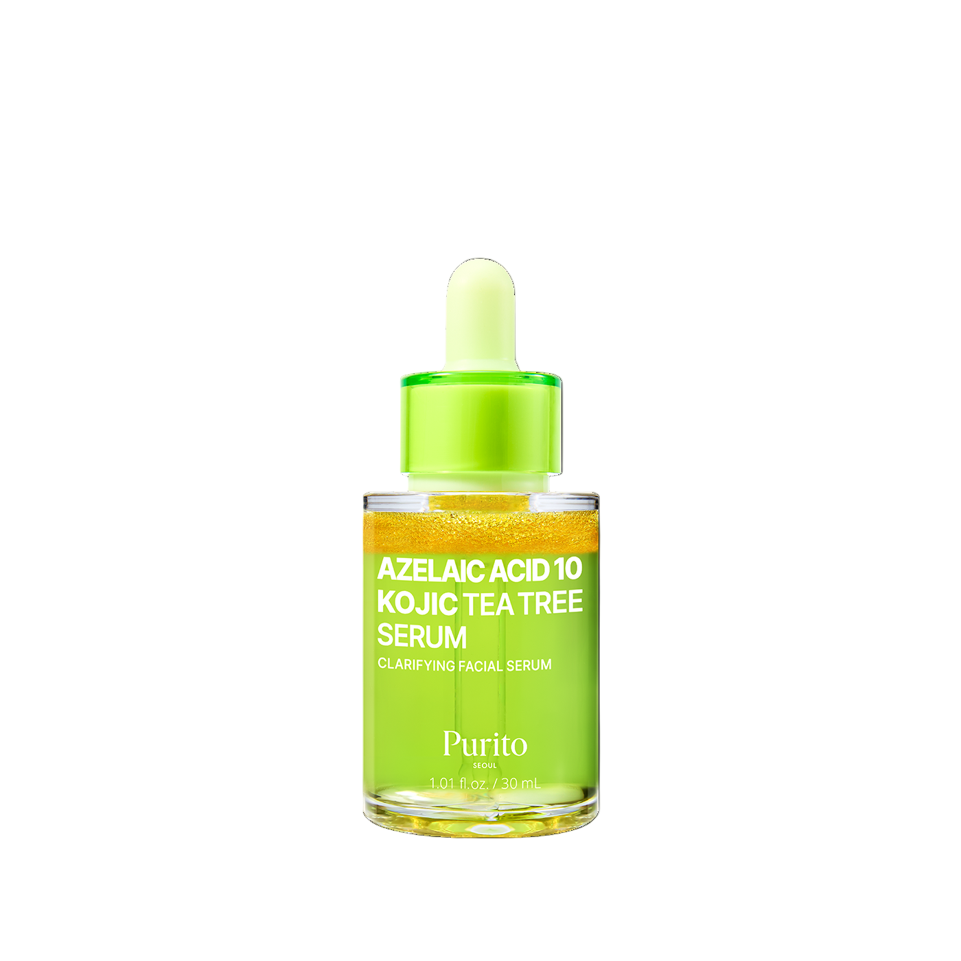 Frasco verde del Purito Azelaic Acid 10 Kojic Tea Tree Serum de 30 ml centrado sobre fondo GRIS liso.