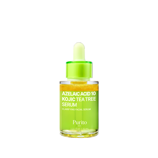 Frasco verde del Purito Azelaic Acid 10 Kojic Tea Tree Serum de 30 ml centrado sobre fondo GRIS liso.