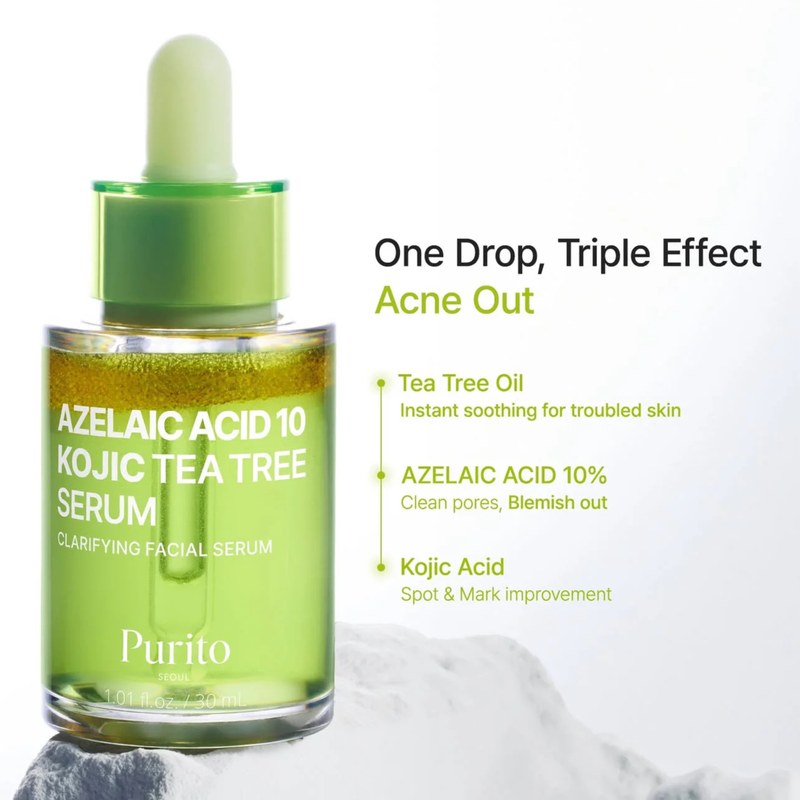 Frasco del Purito Azelaic Acid 10 Kojic Tea Tree Serum junto a texto informativo que resalta beneficios del árbol de té, ácido azelaico 10% y ácido kójico sobre fondo claro.