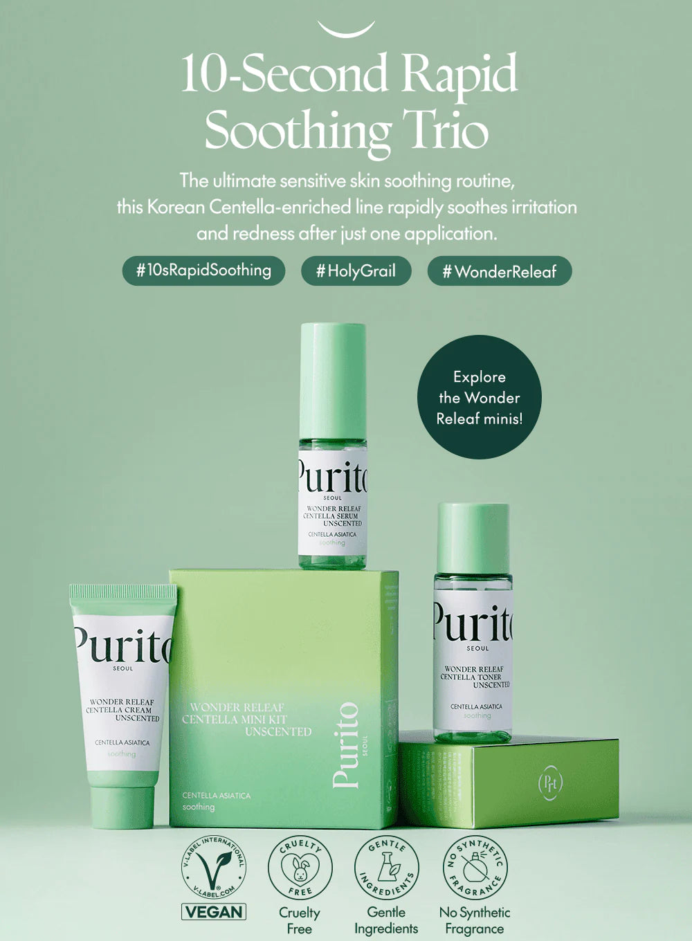 Purito seoul Wonder Releaf Centella Mini Kit Unscented presentado como ‘Rapid Soothing Trio’, con tóner, sérum y crema en formato mini junto a la caja verde. Fondo verde y gráficos que destacan beneficios calmantes.