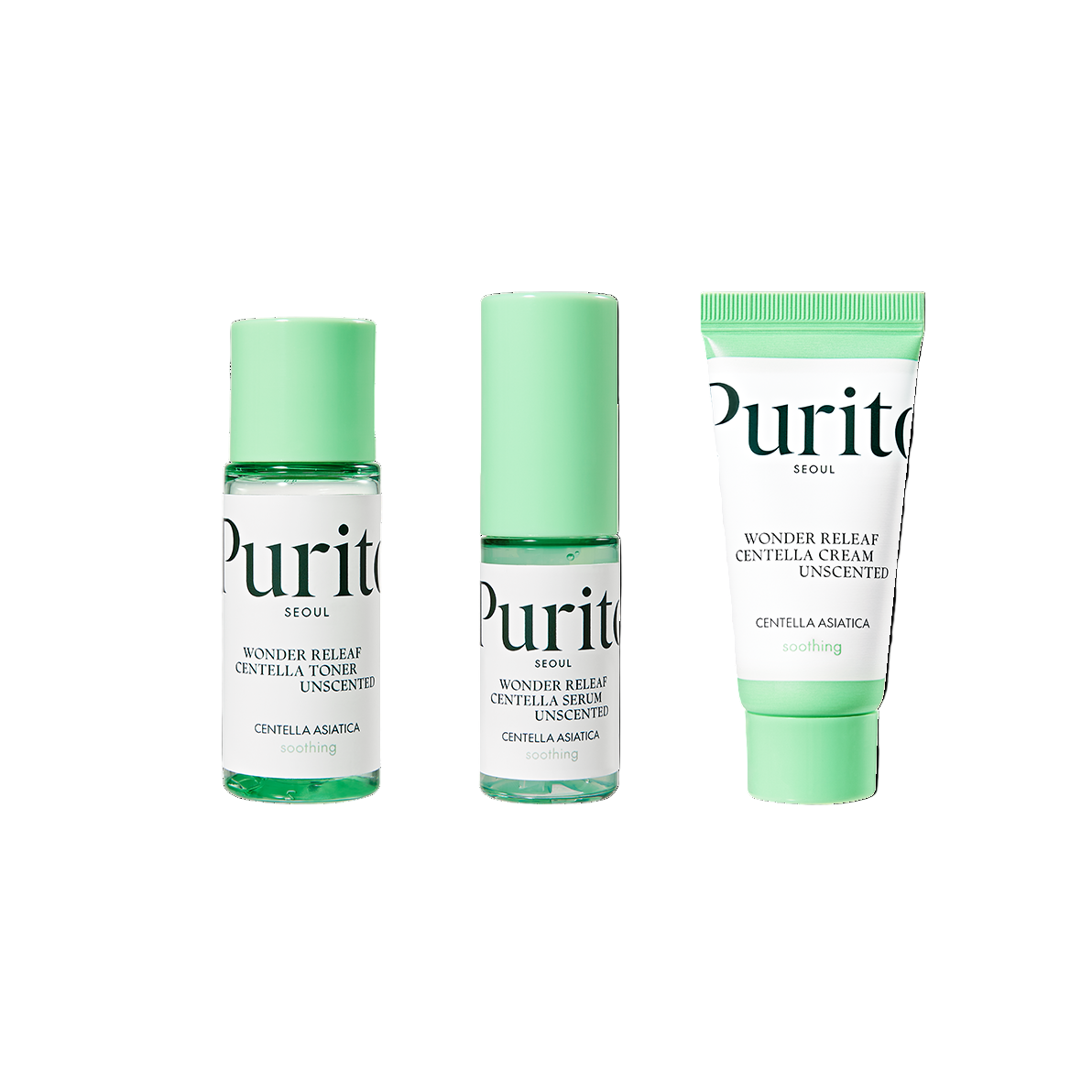Tres productos del Purito seoul Wonder Releaf Centella Mini Kit Unscented alineados sobre fondo neutro: tóner, sérum y crema en envases verde menta con etiquetas blanca