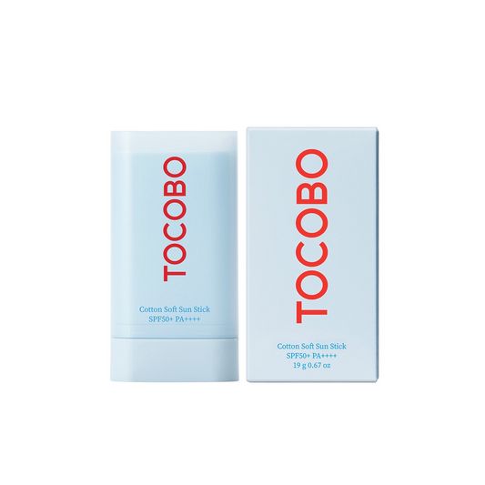 Tocobo Cotton Soft Sun Stick SPF50+ PA++++ junto a su empaque, sobre fondo blanco.