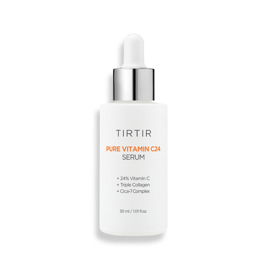 Primer plano vertical de frasco de Tirtir Pure Vitamin C24 Serum de 30 ml con pipeta plateada y gotero blanco, sobre fondo blanco